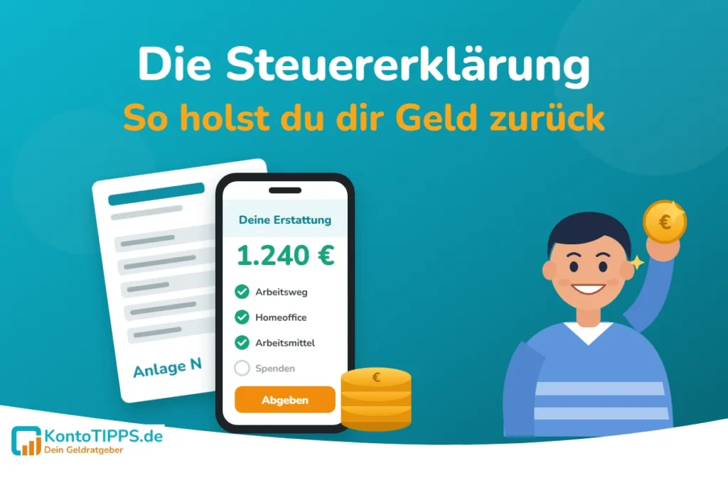 Illustration: Smartphone mit Steuer-App zeigt 1.240 € Erstattung, daneben eine Person mit Euro-Münze
